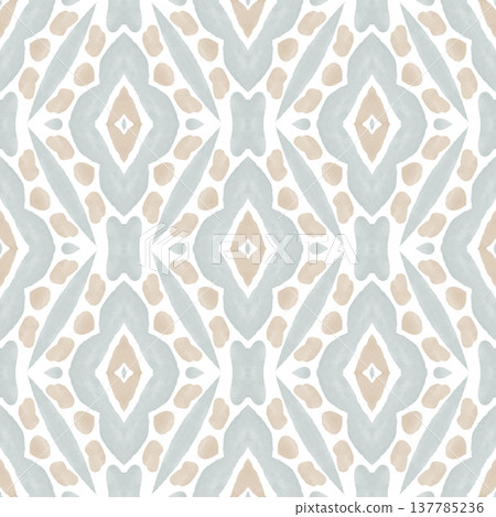 Soft Sage and Beige Watercolor Ikat Seamless Pattern with Symmetrical Ornamental Motifs Soft Sage and Beige Watercolor Ikat Seamless Pattern with Symmetrical Ornamental Motifs 137785236