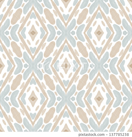Soft Sage and Beige Watercolor Ikat Seamless Pattern with Symmetrical Ornamental Motifs Soft Sage and Beige Watercolor Ikat Seamless Pattern with Symmetrical Ornamental Motifs 137785238