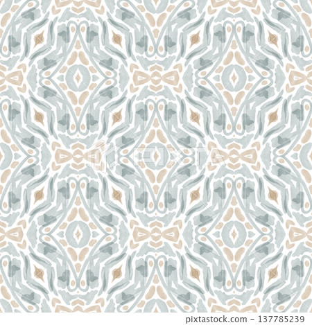 Soft Sage and Beige Watercolor Ikat Seamless Pattern with Symmetrical Ornamental Motifs Soft Sage and Beige Watercolor Ikat Seamless Pattern with Symmetrical Ornamental Motifs 137785239