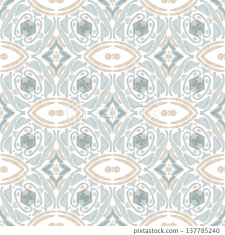 Soft Sage and Beige Watercolor Ikat Seamless Pattern with Symmetrical Ornamental Motifs Soft Sage and Beige Watercolor Ikat Seamless Pattern with Symmetrical Ornamental Motifs 137785240