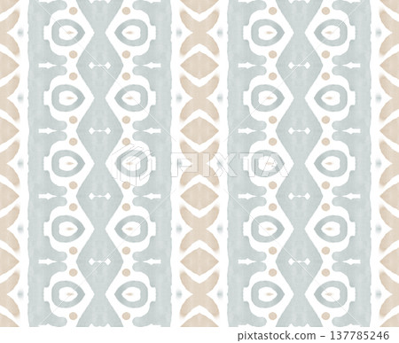 Soft Sage and Beige Watercolor Ikat Seamless Pattern with Symmetrical Ornamental Motifs 137785246