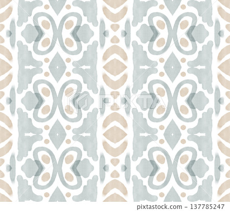 Soft Sage and Beige Watercolor Ikat Seamless Pattern with Symmetrical Ornamental Motifs Soft Sage and Beige Watercolor Ikat Seamless Pattern with Symmetrical Ornamental Motifs 137785247