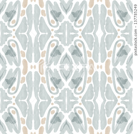 Soft Sage and Beige Watercolor Ikat Seamless Pattern with Symmetrical Ornamental Motifs Soft Sage and Beige Watercolor Ikat Seamless Pattern with Symmetrical Ornamental Motifs 137785249