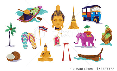 Thailand culture elements set design. Collection with human on boat with fruits, Buddha head and meditation pose statue, traditional buildings, tuk tuk taxi, elephant, flag, more. Vector illustration. Thailand culture elements set design. Collection with human on boat with fruits, Buddha head and meditation pose statue, traditional buildings, tuk tuk taxi, elephant, flag, more. Vector illustration. 137785372