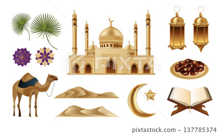 Ramadan Kareem elements set design. Collection with muslim mosque, gold lanterns, koran book, crescent moon and star, camel in dessert, dates palm leaves, arabesque ornaments. Vector illustration. Ramadan Kareem elements set design. Collection with muslim mosque, gold lanterns, koran book, crescent moon and star, camel in dessert, dates palm leaves, arabesque ornaments. Vector illustration. 137785374