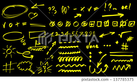 Marker highlight elements set design. Collection with doodle scribble circles, arrows, checkmarks, numbers, numbers, underlines, different lines handwritten shapes for notes. Vector illustration. Marker highlight elements set design. Collection with doodle scribble circles, arrows, checkmarks, numbers, numbers, underlines, different lines handwritten shapes for notes. Vector illustration. 137785375
