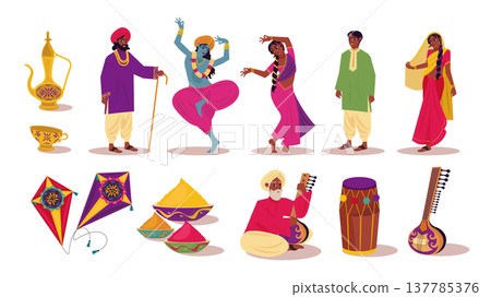 Happy Onam holiday elements set design. Collection with traditional indian harvest festival symbols, man and woman in colourful clothes, light lamps, kites, spices, sitar, drum. Vector illustration. Happy Onam holiday elements set design. Collection with traditional indian harvest festival symbols, man and woman in colourful clothes, light lamps, kites, spices, sitar, drum. Vector illustration. 137785376