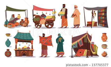 Eastern market stalls elements set design. Collection with traditional street local bazaar with shops and sellers trading pottery, fruits and foods, shoes, spices, textiles. Vector illustration. Eastern market stalls elements set design. Collection with traditional street local bazaar with shops and sellers trading pottery, fruits and foods, shoes, spices, textiles. Vector illustration. 137785377