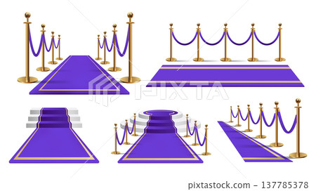 Awards gala carpet cinematic opener elements set design. Collection with purple entrances with golden barrier ropes and stages, vip celebrity pathway with barriers to hall event. Vector illustration. 137785378