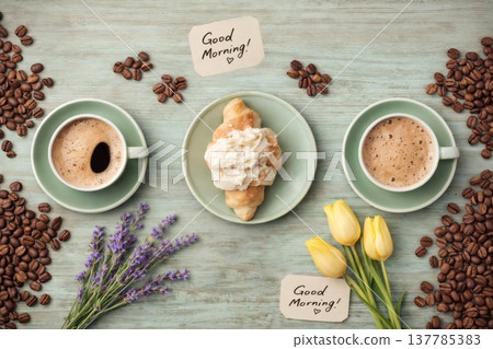 Flat Lay Morning Coffee and Croissant with Yellow Tulips and Lavender on Blue Wood 137785383