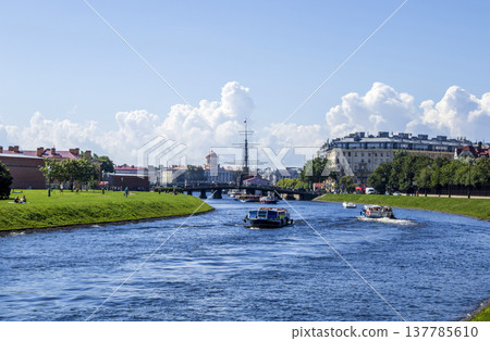 Russia, Saint Petersburg, July 8, 2020, flying Dutchman. In the photo the ship flying Dutchman and boats with tourists 137785610