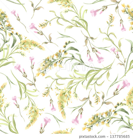 Yellow and pink seamless pattern with delicate watercolor wild flowers isolated on white. Soft meadow repeat surface for fabric, wallpaper, card background. Gentle nature repeat design hand painted. 137785685
