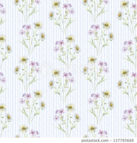 Seamless watercolor pattern with wildflowers, daisies on blue striped background isolated. Delicate purple blossom hand drawn rustic print. Botanical repeat for fabric design cottagecore style. Seamless watercolor pattern with wildflowers, daisies on blue striped background isolated. Delicate purple blossom hand drawn rustic print. Botanical repeat for fabric design cottagecore style. 137785688