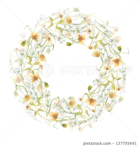 Watercolor wildflower wreath with neutral soft nature colors isolated white. Meadow grass arrangement circle frame hand painted. Botanical design for greeting card or wedding invitation. 137785691