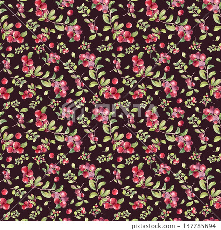 Cranberry hand painted watercolor seamless pattern on dark background. Northern berry plants design for fabric, textile, wrapping and greeting card. Natural floral fruits garden bright repeat. 137785694