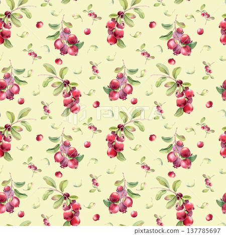 Lingonberry watercolor seamless pattern isolated on light. Hand drawn cranberry background for packaging. Repeating print red berries for textile design, wallpaper and fabric. Vibrant botany repeat. 137785697