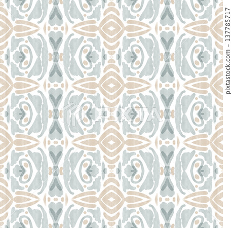 Soft Sage and Beige Watercolor Ikat Seamless Pattern with Symmetrical Ornamental Motifs Soft Sage and Beige Watercolor Ikat Seamless Pattern with Symmetrical Ornamental Motifs 137785717