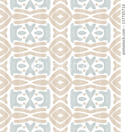 Soft Sage and Beige Watercolor Ikat Seamless Pattern with Symmetrical Ornamental Motifs Soft Sage and Beige Watercolor Ikat Seamless Pattern with Symmetrical Ornamental Motifs 137785718