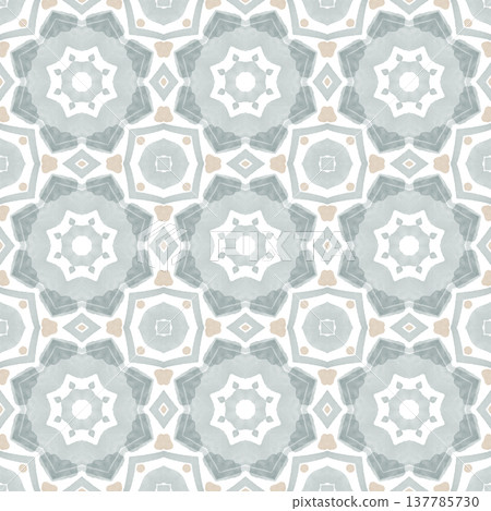 Soft Sage and Beige Watercolor Ikat Seamless Pattern with Symmetrical Ornamental Motifs 137785730