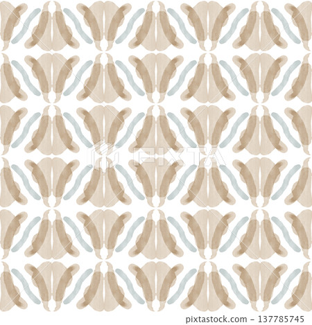 Soft Sage and Beige Watercolor Ikat Seamless Pattern with Symmetrical Ornamental Motifs 137785745