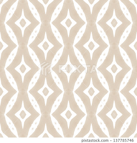 Soft Beige and White Watercolor Ikat Seamless Pattern with Symmetrical Ornamental Motifs Soft Beige and White Watercolor Ikat Seamless Pattern with Symmetrical Ornamental Motifs 137785746