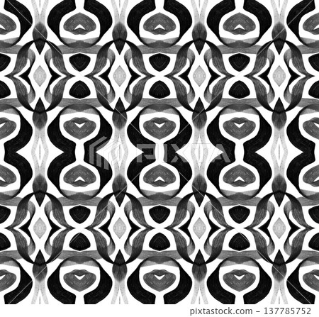 Black and White Abstract Brushstroke Seamless Pattern with Bold Symmetrical Ink Motifs Black and White Abstract Brushstroke Seamless Pattern with Bold Symmetrical Ink Motifs 137785752