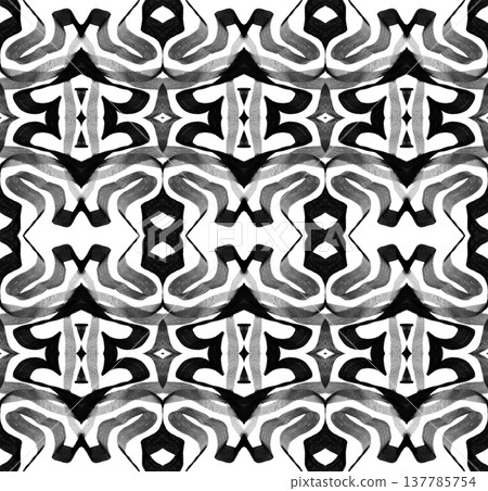 Black and White Abstract Brushstroke Seamless Pattern with Bold Symmetrical Ink Motifs Black and White Abstract Brushstroke Seamless Pattern with Bold Symmetrical Ink Motifs 137785754