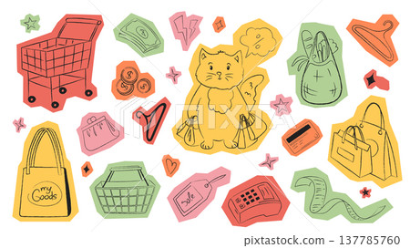 Scrapbook shopping stickers set in scribble grunge design with cutout edges. Doodle bundle with supermarket cart, money, cat buyer with bags, discount price, grocery store, more. Vector illustration Scrapbook shopping stickers set in scribble grunge design with cutout edges. Doodle bundle with supermarket cart, money, cat buyer with bags, discount price, grocery store, more. Vector illustration 137785760