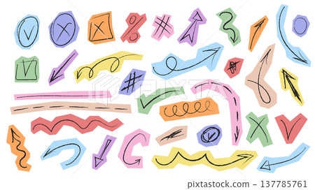 Scrapbook scribble doodle stickers set in scribble grunge design with cutout edges. Bundle with checkmarks, cross, percentage, arrows, curves, circles, pointers, dividers, more. Vector illustration 137785761