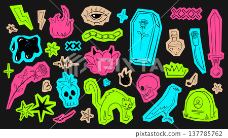 Scrapbook punk stickers set in scribble grunge design with cutout edges. Doodle bundle with lightning, fire, star, chains, cross, sword, knife, coffin, rose, poison, sculls, more. Vector illustration 137785762