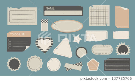 Grunge notebook cutout stickers set for scrapbook design. Paper speech bubbles and notepad sheets with torn edges, to do lists, empty memo pages, different shapes of sticky frames. Vector illustration Grunge notebook cutout stickers set for scrapbook design. Paper speech bubbles and notepad sheets with torn edges, to do lists, empty memo pages, different shapes of sticky frames. Vector illustration 137785766