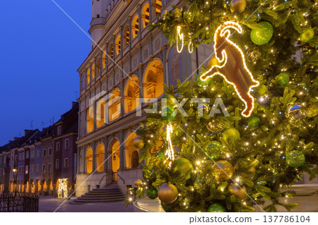 Christmas tree on Old Market Square in Poznan at night Poland 137786104