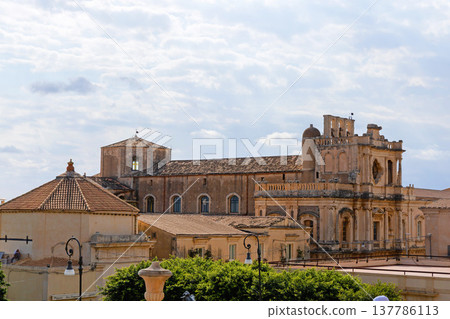 Baroque Church of San Carlo al Corso and historic buildings in the old town of Noto, Sicily. 137786113