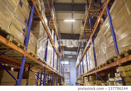 High racking systems in warehouse aisle loaded with pallets and boxed inventory High racking systems in warehouse aisle loaded with pallets and boxed inventory 137786244