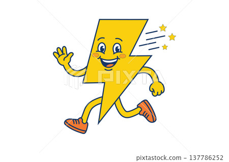 Mascot Yellow lightning bolt character running with orange shoes and stars, vector illustration isolated on white background Mascot Yellow lightning bolt character running with orange shoes and stars, vector illustration isolated on white background 137786252