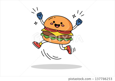 Mascot Cartoon hamburger character jumping up in excitement on, vector illustration isolated on white background 137786253