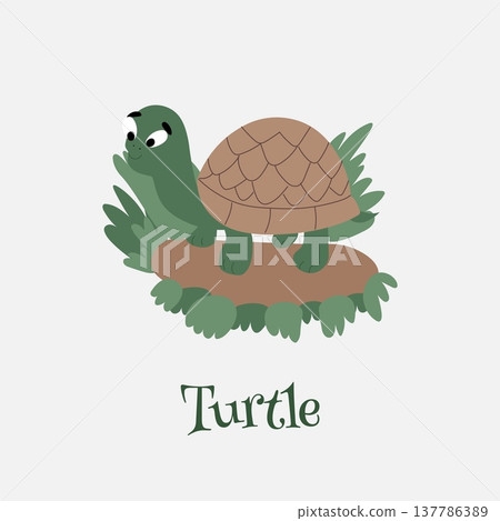Vibrant green cartoon turtle illustration, flippers, and large, expressive eyes. Cards for children Vibrant green cartoon turtle illustration, flippers, and large, expressive eyes. Cards for children 137786389