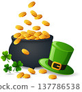 St. Patrick's Day background with leprechaun hat and Pot of gold coins 137786538
