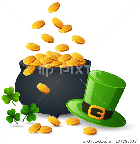 St. Patrick's Day background with leprechaun hat and Pot of gold coins 137786538