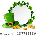 St. Patrick's Day background with leprechaun hat, clover leaves and gold coins 137786539