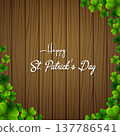 Happy St. Patrick's Day with clover leaves above wooden background 137786541