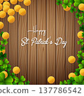 Happy St. Patrick's Day with clover leaves and gold coins above wooden background 137786542
