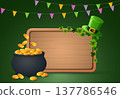 Happy St. Patrick's Day background with pot of gold coins and clover leaves 137786546