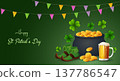 Happy St. Patrick's Day background with pot of gold coins and clover leaves 137786547