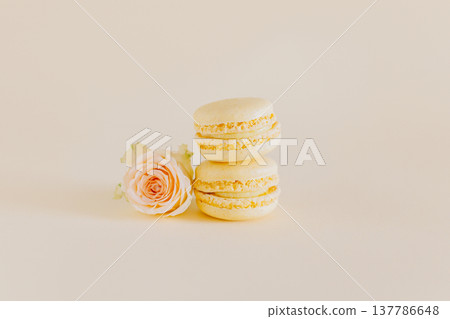 Tasty french macarons with tender rose flowers on a yellow pastel background. Tasty french macarons with tender rose flowers on a yellow pastel background. 137786648