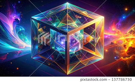 Neon glowing geometric cube with cosmic light...-插圖素材 [137786730] - PIXTA圖庫