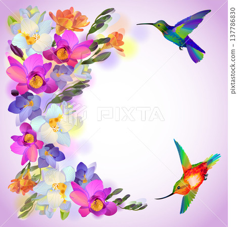 Lilac card with freesia flowers and humming birds 137786830
