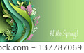 Hello spring paper cut banner. Stylized green wave with flowers and leaves. 137787069