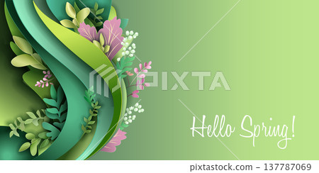 Hello spring paper cut banner. Stylized green wave with flowers and leaves. Hello spring paper cut banner. Stylized green wave with flowers and leaves. 137787069