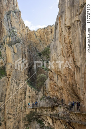 Exploring Caminito del Rey in Spain while walking through the narrow paths among high cliffs and rocky landscapes Exploring Caminito del Rey in Spain while walking through the narrow paths among high cliffs and rocky landscapes 137787130